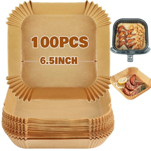 YQL Air Fryer Liners 100pcs 6.5inch Square Air Fryer Liners Disposable, Non Stick Parchment Paper for COSORI, Chefman 3.75L/5.7L, Ninja Speedi/AF140UK/SL300UK, Tefal, Instant & Other Airfryer 3.5L-6L