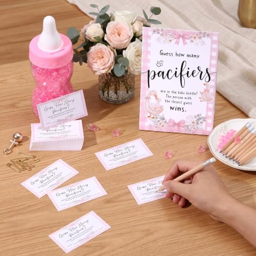 Image of Roowest 512 Pcs Baby Shower Games Guess How Many Pacifiers Sign 100 Small Guessing Games 10 HB Pencils 750ml Milk Bottle 400 Acrylic Pacifiers Decoration for Guest Gender Reveal(Pink,Silly Goose)