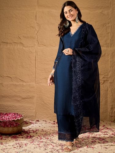 Image of FABIAN FASHION Women's Maroon Straight Kurta Palazzo Pant with Organza Dupatta Set Festive Ethnic Wear(ES 2537)