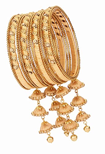 Image of NMII Metal & Silk Thread Jhumka Zircon Latkan Stylish Bangles Set For Women's and Girls | Women's Fancy Latkan Bangles Set | Ethnic Fashion Jewellery- Set of 12 Bangle, (G405 Cream-2.4)