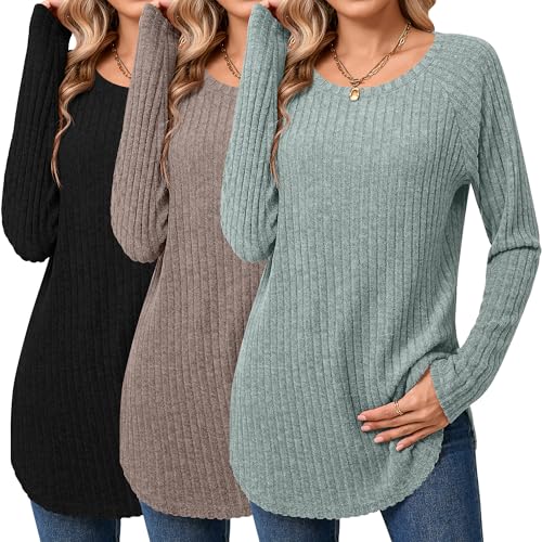Ficerd 3 Pack Women's Curved Hem Long Sleeve Sweaters, Side Split Crew Neck Tunic Tops Loose Fit Shirts Basic Pullover