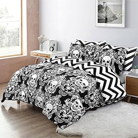 LJ Skull Pattern 100% Cotton Luxurious 200 Thread Count Black Duvet Cover Sets Halloween Gothic Style Bedding Sets FL Cover