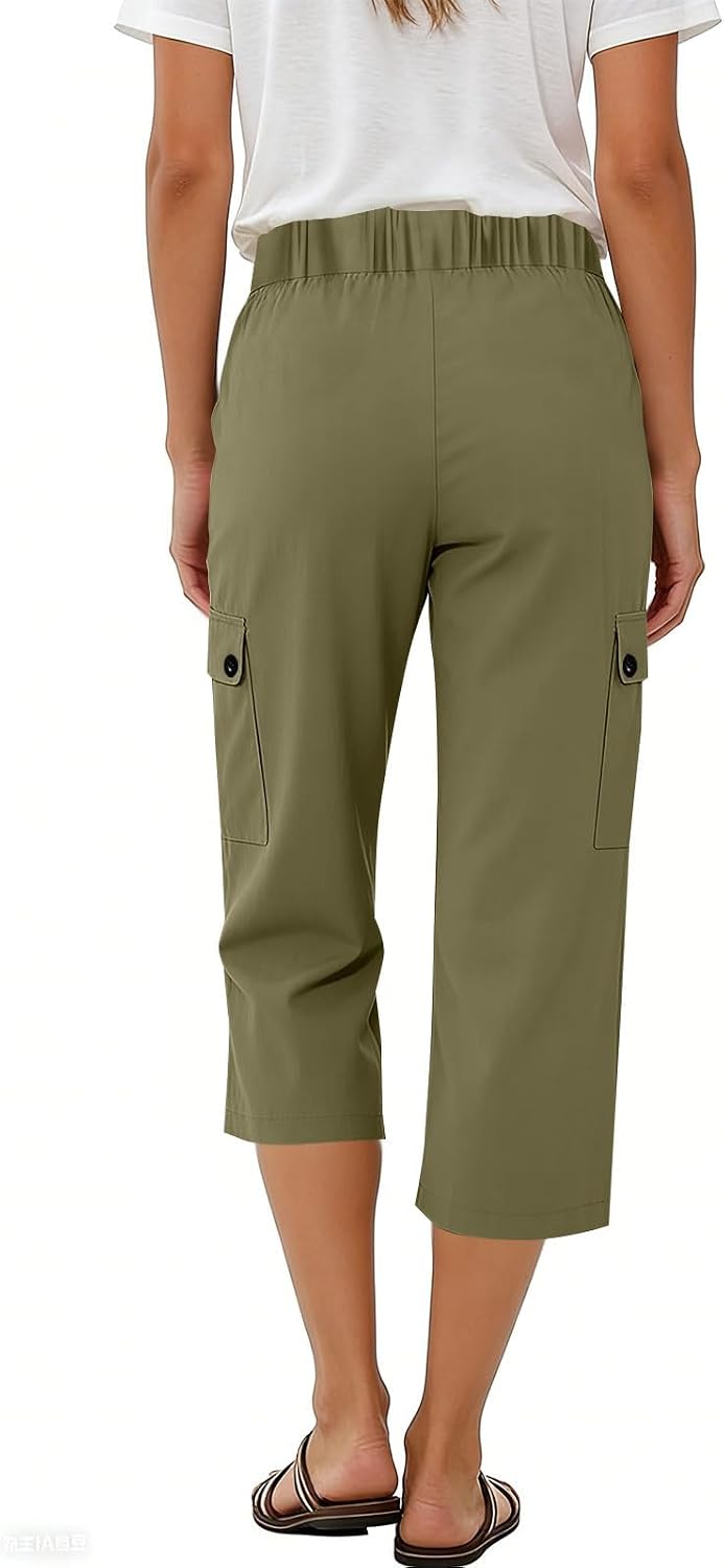 Cargo Capris for Women Summer Casual High Waisted Button Loose Travel Hiking Capri Cropped Pants with Pockets