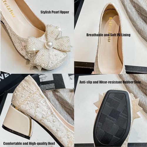 Women's Glitter Pearl Bow Chunky Heel Pumps,Fashion Sparkly Square Head Comfort Slip-On Block Heel Lace Bridal Shoes Prom Dress Loafers for Wedding Party Office2