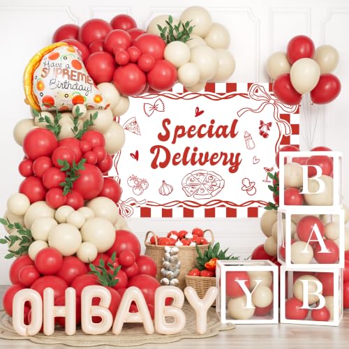 Fiesec Special Delivery Pizza Baby Shower Decorations, Pizza Party Decoration with White Red Balloon Arch Boxes Italian Pizzeria Gingham Theme Backdrop Foil Balloon