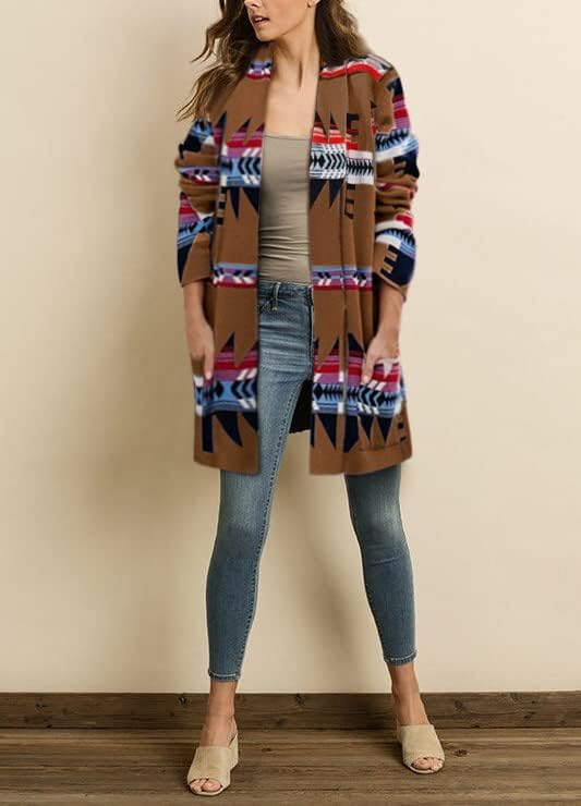 Women Boho Cardigan Aztec Open Front Long Sleeve Shawl Collar Sweater Coat - Image 3