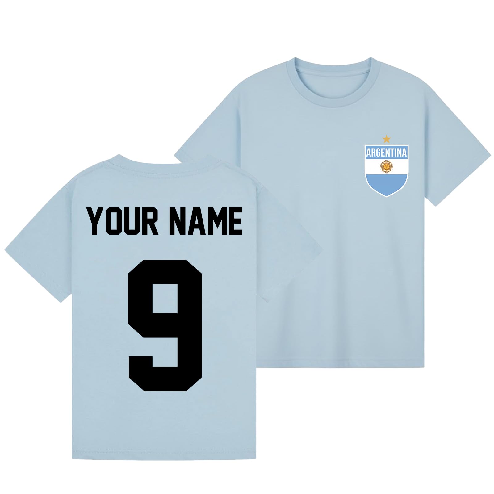Personalised Argentina Heritage Travel Football Boys Kids Graphic T-Shirt Novelty Retro Customised Number Fan Sun of May Shield Tee Apparel Sky Blue 7-8Y