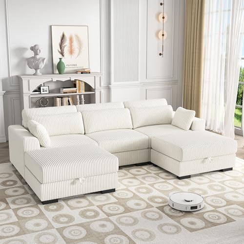 YNYHTER Sofa de 3 Plazas,Sofá Acolchado Sofas de Salon Cheslong Sofa Cama Chaise Longue Sofá Modular Suelo Sofá en Forma de U de Pana con Cojín Y otomano (Beige, 3 plazas+2 reposapiés)