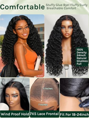 Image of KLAIYI Loose Wave Curly No Slip Precut 7x5 Lace Front Wigs Human Hair 16 inch