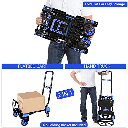 Folding Hand Truck Dolly with Folding Basket, 330LBS Capacity Carts with Wheels 2 in 1 Platform Truck, Push Cart Dolly with 4 Wheels and Retractable Handle
