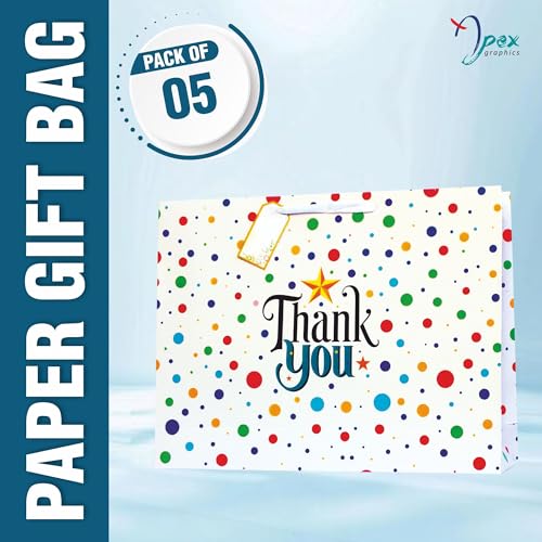 Image of Large Thank You Paper bags - Gift Bags | Pack of 5 | 17 x 13 x 4 Inch - Polka dot design with thank you