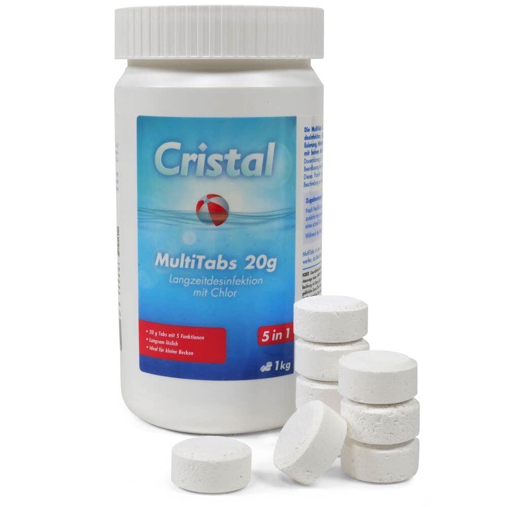 Cristal Pool e-Chlor Set - 5 in 1 Chlor MultiTabs - Dosierschwimmer - Teststreifen pH-Wert + Chlor 50 x - Langzeitdesinfektion - Trübungsentfernung