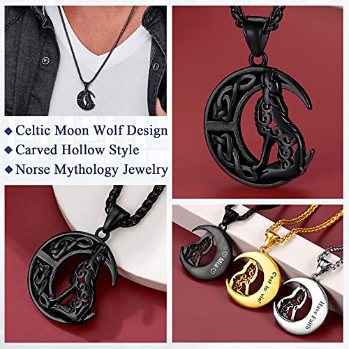 Faithheart Norse Viking Wolf Moon Necklace Black Stainless Steel Man Scandinavia Jewelry Accessory For Women #TOP1
