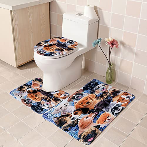 3 Teilig Badematte Set Tierhundesammlung 3D Badematten Set rutschfest, Badezimmerteppich,U-förmiger WC-Vorleger,WC…