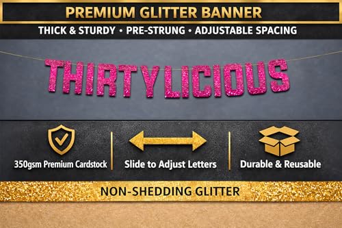 Image of Pre-Strung Thirtylicious Pink Glitter Banner - Funny 30th Birthday and Anniversary Decorations for Men and Women - Party Supplies and Gifts