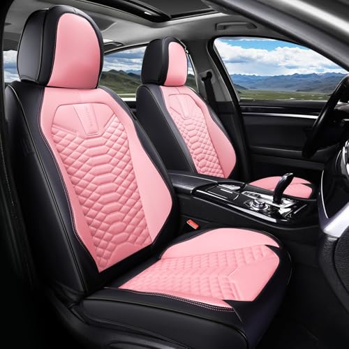 Image of Coverado Car Seat Covers, Front Seat Cover, Waterproof Nappa Leather Seat Covers for Cars, 2 Pack Car Seat Protectors, Car Seat Cushion, Automotive Seat Covers Universal Fit for Most Cars (Black&Pink)