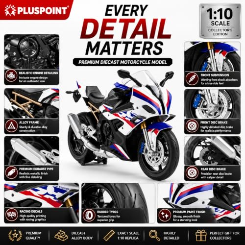 Image of PLUSPOINT Diecast 1000RR Motorcycle Model 1:10 Scale | Alloy Metal Super Bike Simulation Toy with Realistic Details | Collectible Motorbike Model for Kids, Adults, Desk & Car Dashboard Display