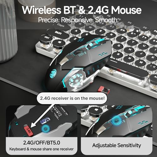 Image of EWEADN TK950 Typewriter Mechanical Keyboard and Mouse, 104 Keys Aesthetic Typewriter Keyboard Mouse Combo with White Backlit, Anti-Ghosting, Black Switch Bluetooth /2.4GHz /Wired Cute Keyboards-Black