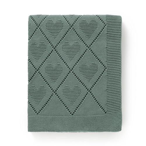 Image of Hadetoto Baby Blanket Cotton Knit Soft Cozy Newborn Boy Girls Swaddle Receiving Blanket Hearts Cellular Blanket, 90 x 70cm - Dark Green