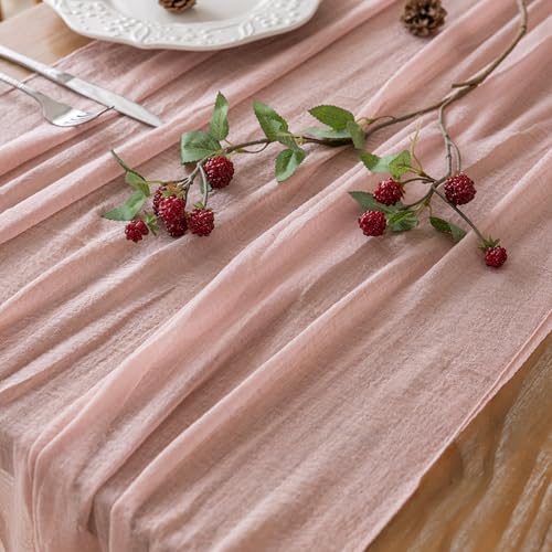 Image of 2Pcs Dusty Pink Cheesecloth Table Runner 120 Inches for Party Home Decor | Ideal for wedding baby shower bridal shower birthday engagement party,or adding rustic boho charm to daily home.