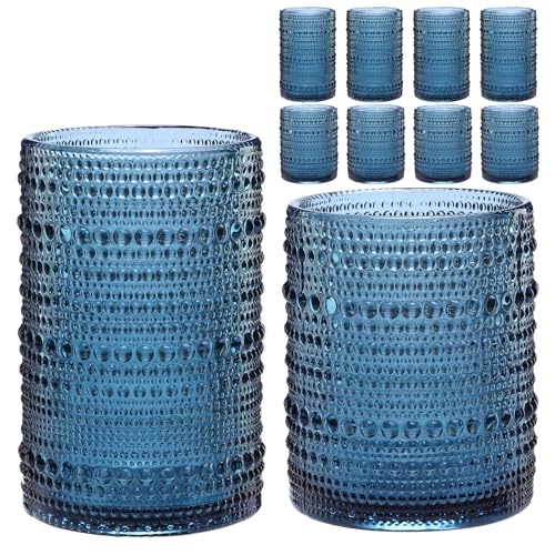 Image of ZMOWIPDL 12oz & 15oz Hobnail Drinking Glasses,Blue Glass Cups Set of 8