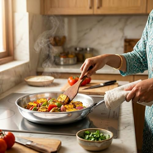 Image of SOLARA Triply Stainless Steel Fry Pan 24 cm, Tri-Ply Induction Compatible Frying Pan, Heavy Bottom Skillet, PFOA-Free, Gas & Induction Safe, Durable Kitchen Cookware