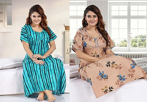 Image of YKI Women's /Girls Cotton Fabric Beautiful Print Nighty /Nightgown /Nightwear /Nightdress with Pocket (Pack of 2)