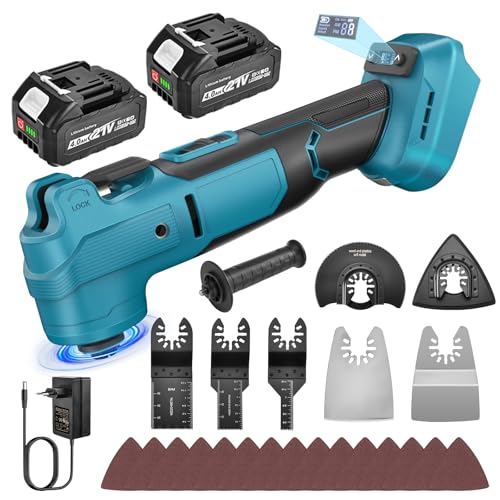 Yofuly Multiherramienta Oscilante para Makk-ita 18V Baterías, Herramienta Multifunción con 2 baterías de 4 Ah, 2025 Nuevo Multitool 6 Velocidades Variables y Modo Automático, Baja Vibración