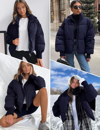 Gihuo Damen Winter Cropped Puffer Jacke Mantel Kurz Warm Steppjacke, Marineblau, S