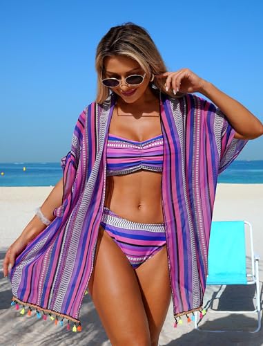 Image of ZAFUL Women 4pcs Ruched Striped Bikini Set High Cut Swimsuit with Sheer Fringed Cover Up Side Slit Shorts