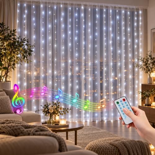 CORST 2M X 2M Backdrop Curtain Lights Battery Powered Window Curtain Light for Room, Music Activated Light Waterproof Wall Icicle Hanging Lights for Indoor Gazebo Xmas Decor(White)