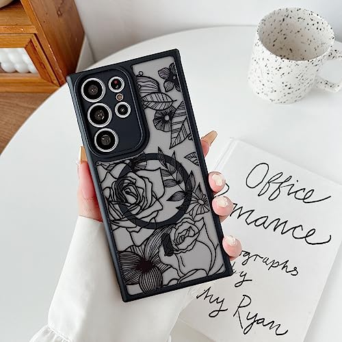 Coque Samsung S22 Ultra fine en TPU souple noir et fleurs roses Magsafe