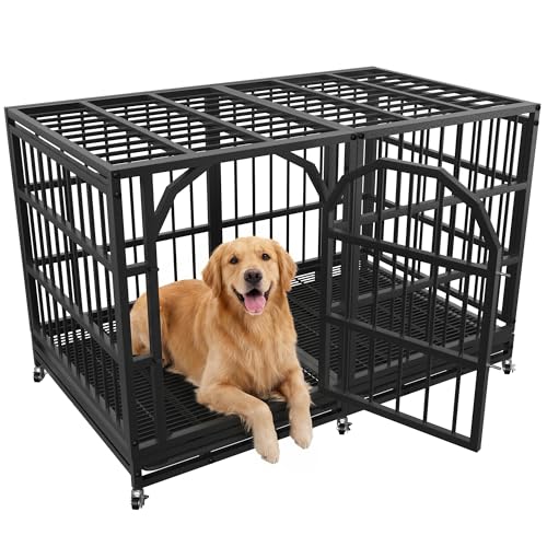 Asee’m Robuste Hundebox für große Hunde mit Rädern, ausbruchsicher, unzerstörbar, großer Käfig für drinnen für hohe Angst, mit Schlössern und abnehmbaren Tabletts, 121, 9 cm, Schwarz