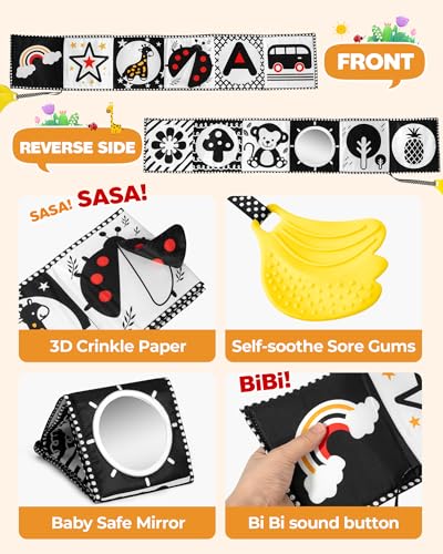 Image of Melican Black and White High Contrast Baby Toys 0-6 6-12 Months, Soft Book with Teether, Newborn Infants Tummy Time Toys, 0-3 3-6 Month Sensory Visual Stimulation, Montessori Learning Essentials