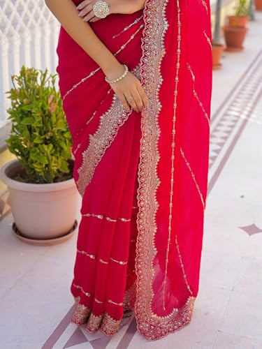 Image of Satrani Women's Shimmer Chiffon Scalloped Border Sequins Embroidery Saree with Unstitched Blouse Piece