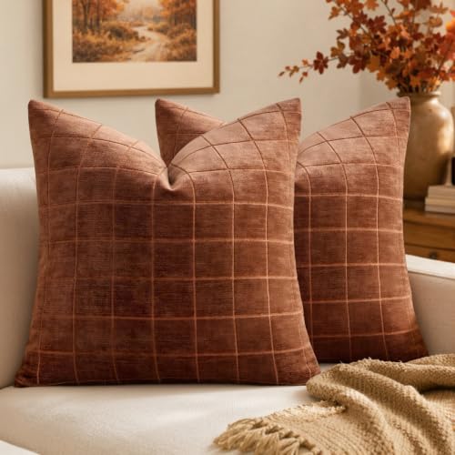 Image of MIULEE Fall Burnt Orange Plaid Euro Throw Pillow Covers 24x24 Set of 2
