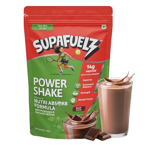 Image of Power Shake Teen Girls 13+ Yrs | Height & Strength Drink | 14g Protein, 33 Nutrients, Probiotics & Ayurvedic Actives| Daily Nutrition drink supports Height, Strength & Focus | Chocolate 400g | Safe Nutrition Drink For Teens