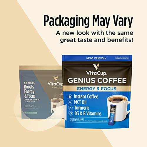 Vitacup Genius Instant Coffee Packets, Increase Energy & Focus, Keto Coffee, Serve Hot Or Cold Brew, Mct Oil, Turmeric, B Vitamins, D3, Bold & Smooth,100% Arabica Coffee In Single Serve Sticks, 24 Ct #TOP4