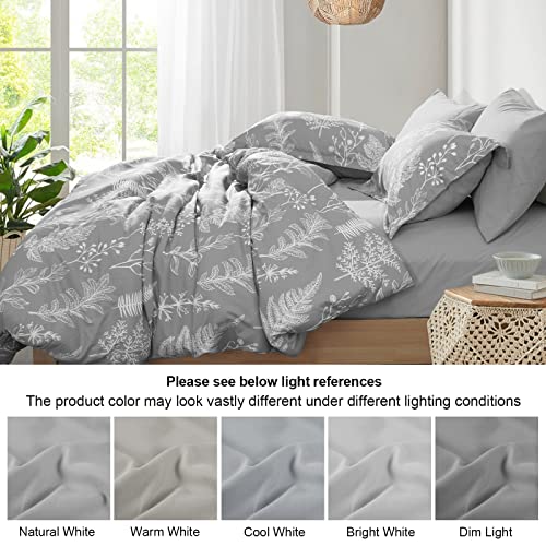 Phf Soft Printed Comforter Sets California King-7 Pcs Bed In A Bag Comforter & Sheet Set-Botanical Cozy Bedding Set Include Comforter, Pillow Shams, Flat Sheet, Fitted Sheet And Pillowcase, Grey #TOP5
