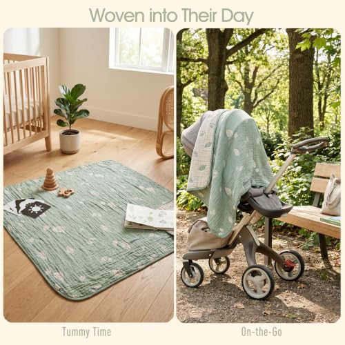 Image of Botanical Muslin Baby Blanket - Made with Organic Cotton, Sage Green Leaf Jacquard for Gender Neutral Nursery, Baby Registry Gift, 43x43 Inches (Terra Sage Green)