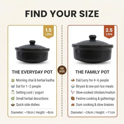 Image of Black Clay Pots for Cooking with Lid | Bartan for Cooking | Clay Handi Set Earthen Kadai | Traditional Handmade Terracotta Cookware for Serving | Natural and Organic Pack of Two 1.5L+2.5L