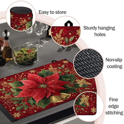 Image of Christmas Holly Berrie Leaves Stove Top Cover for Electric Stove, Heat Resistant Glass Cooktop Cover, Stovetop Protector, Dish Drying Mats Cover for Ceramic Washer Top 28x20 inch