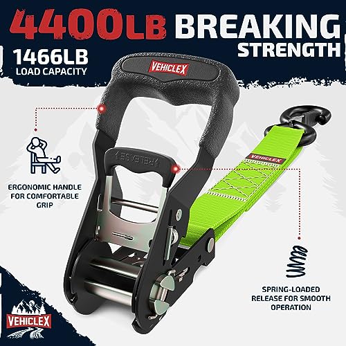 Image of Vehiclex Motorcycle Ratchet Tie Down Straps with Soft Loops, 1.5 inch x 8' | 4,400 lbs Break Strength, Powersports Tie Downs, Full Bend S Hooks with Safety Clips, Reinforced Stitching, 4 Pack, Green