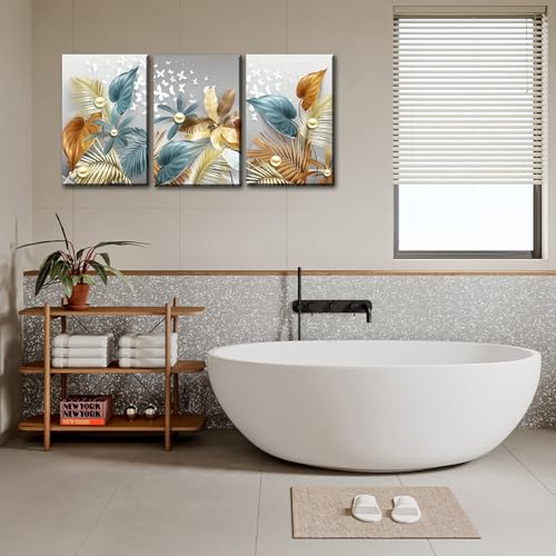 3 Panels Framed Canvas Wall Art Plants Blue Gold White Flower Pictures Printing Painting Poster Canvas Prints Wall Decor for Bedroom Living Room Bathroom Office Ready to Hang 30x40cmx3Pcs - Image 4