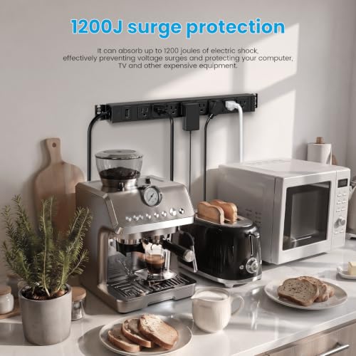 Regleta de poder metálica con rotación de 360°, 8 salidas, montable en pared, 6 pies, color negro, protector contra sobretensiones de 1200 J, 15 A, 125 V, 1875 W miniatura 6