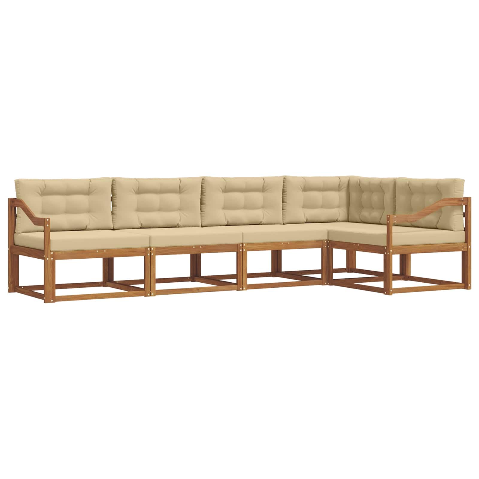 Sofá modular para jardín con cojines de 5 piezas, diseño de listones de madera de acacia natural y beige