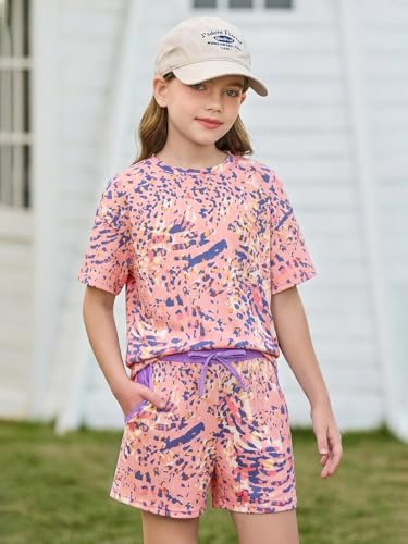 Image of Haloumoning Girls Summer 2 Piece Outfits Kids Oversized T Shirts and Shorts Clothing Sets 5-14 Years