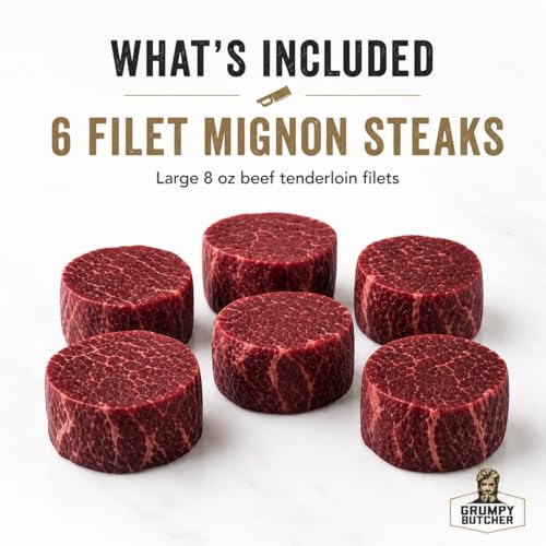 Image of Grumpy Butcher Large Filet Mignon Steaks, 6 Pack, 3 lb | 8 oz Each, USDA Top Choice, tender beef tenderloin, mild buttery flavor