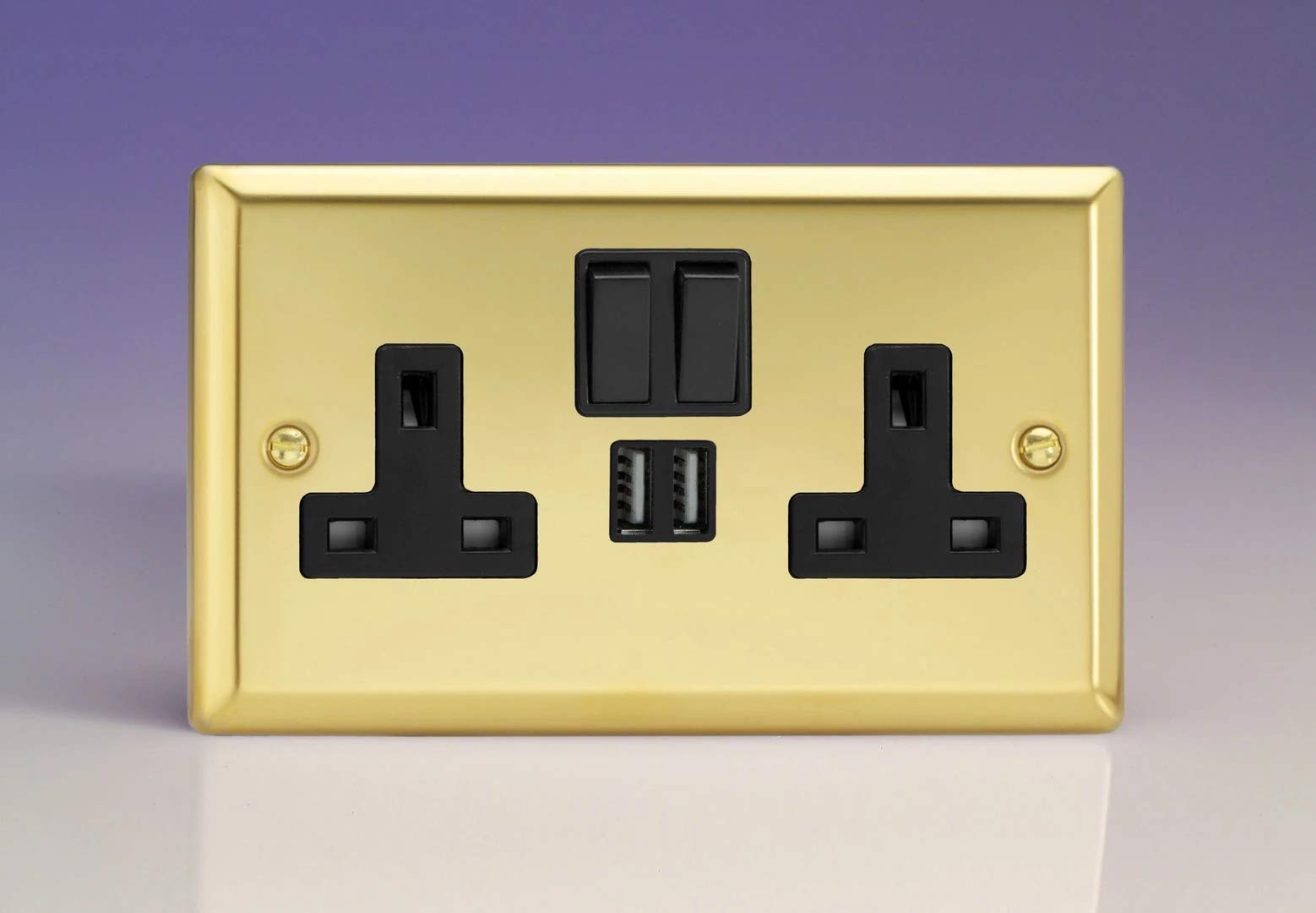 Varilight 2-Gang 13A Single Pole Switched Socket + 2x5V DC 2100mA USB Charging Ports Victorian Brass