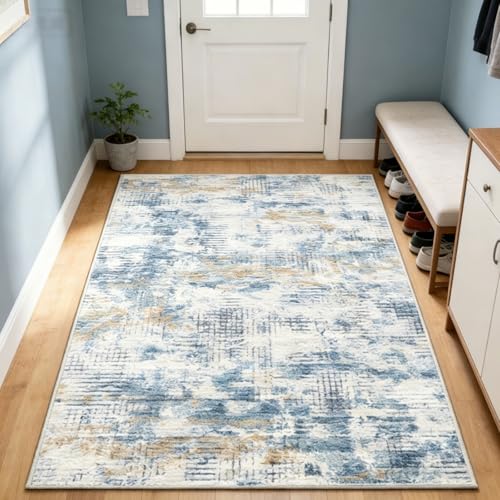 Abstract Area Rug 3x5 Washable Rugs for Entryway Indoor, Non Slip Kitchen Rug Printed Low Pile Carpet 3x5 Blue Grey Rugs Indoor Door Mat for Living Room Entryway Bedroom Office